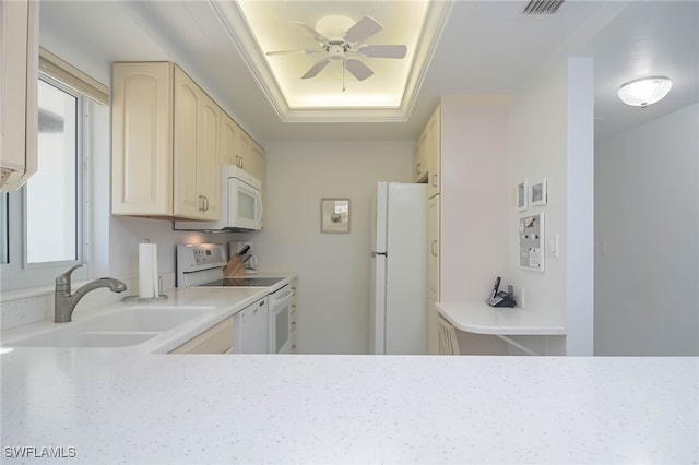 6900 Estero Blvd Unit 701, Fort Myers Beach, FL 33931 - kitchen featuring a sink, light countertops, a ceiling fan, and white appliances