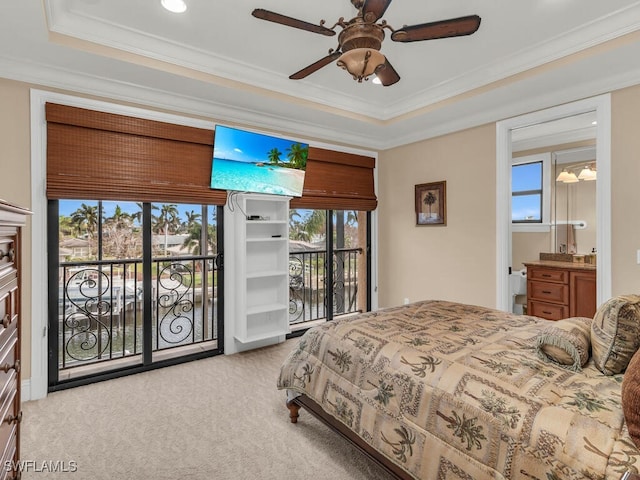 bedroom featuring ceiling fan, access to exterior, light carpet, and crown molding