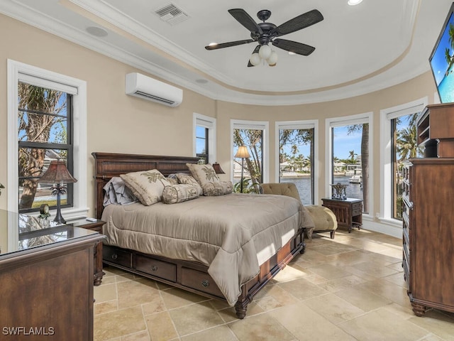 bedroom featuring an AC wall unit, multiple windows, ornamental molding, and ceiling fan