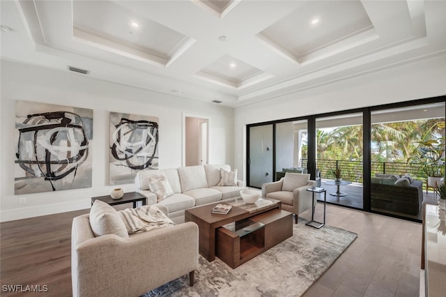 living room featuring wood-type flooring, french doors, and coffered ceiling