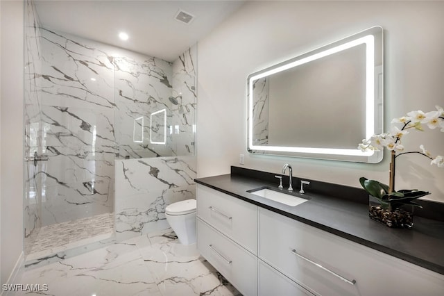 3540 Crayton Rd, Naples, FL 34103 - full bath with toilet, a marble finish shower, marble tiled floors, vanity, and recessed lighting
