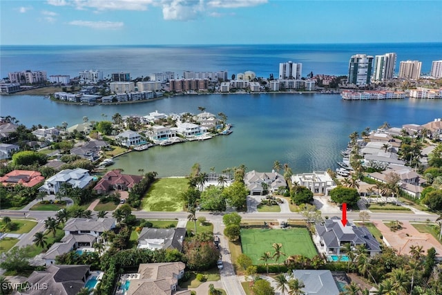 drone / aerial view featuring a water view