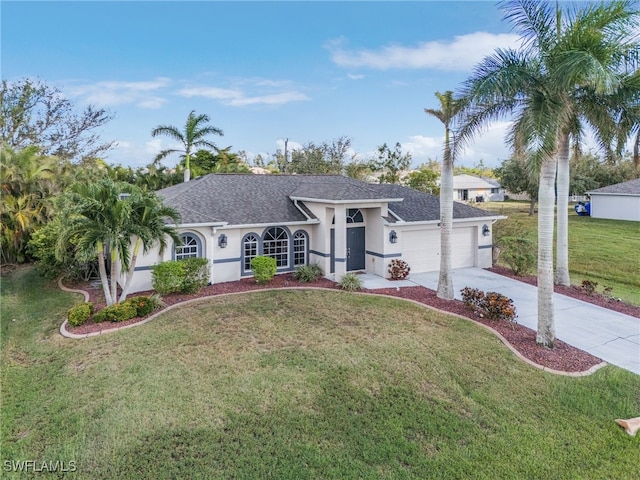 view of front of property with a garage and a front yard