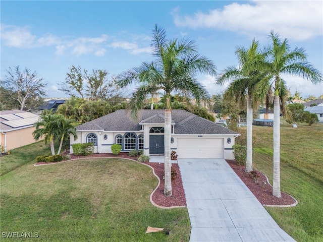 ranch-style home with a garage and a front lawn