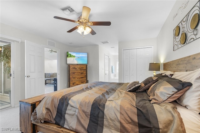 bedroom featuring access to outside, carpet flooring, and ceiling fan