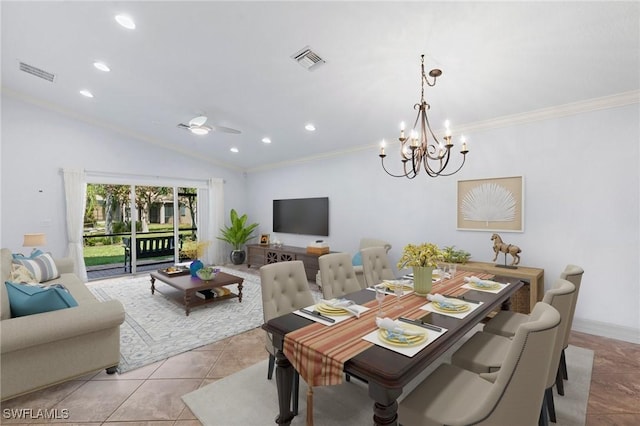 dining room featuring ceiling fan with notable chandelier, lofted ceiling, and crown molding