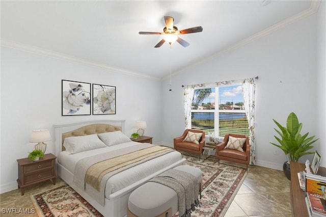 bedroom featuring ceiling fan, lofted ceiling, crown molding, and light tile patterned floors