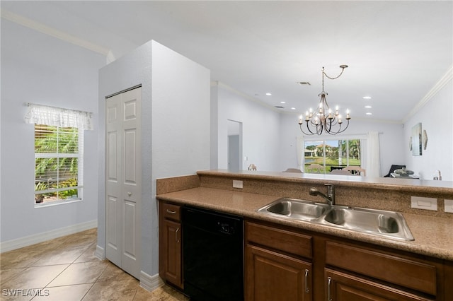 kitchen with a wealth of natural light, sink, black dishwasher, crown molding, and a chandelier