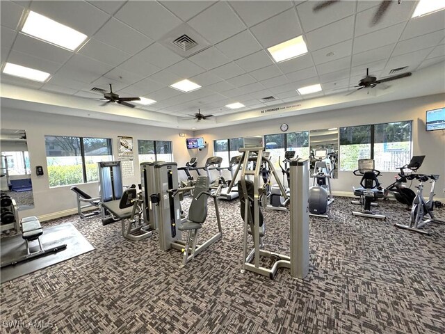 workout area featuring carpet, plenty of natural light, ceiling fan, and a paneled ceiling