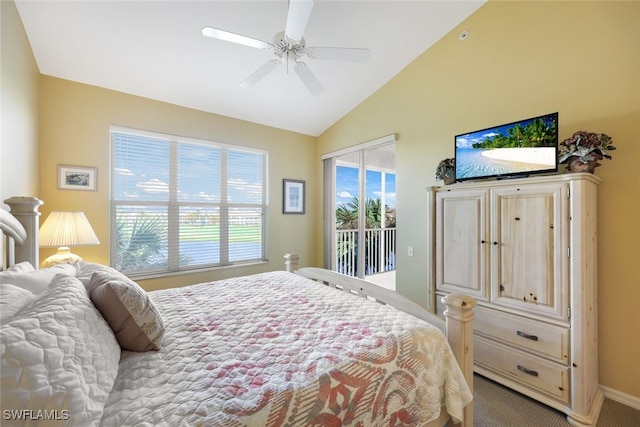 carpeted bedroom featuring access to outside, vaulted ceiling, and ceiling fan