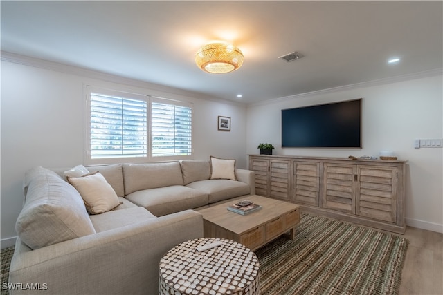 living room with ornamental molding and dark wood-type flooring