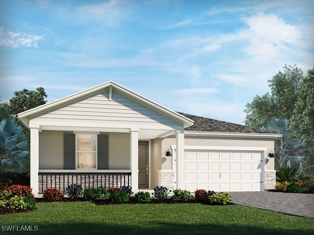 ranch-style house with a porch, a front yard, and a garage