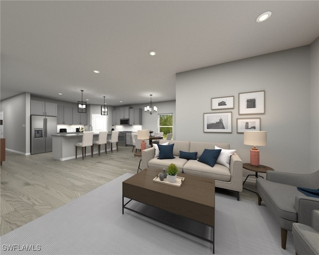 living room featuring light wood-type flooring and a chandelier