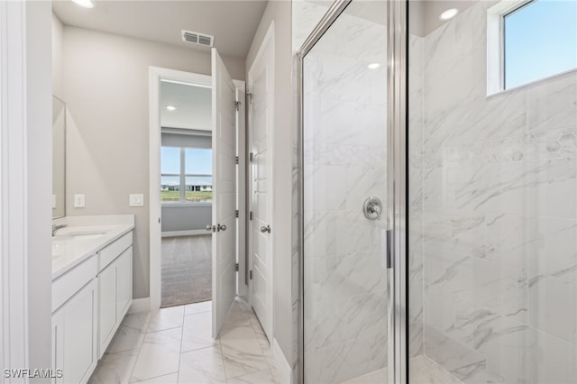 44284 Frontier Dr, Punta Gorda, FL 33982 - full bathroom featuring a marble finish shower, vanity, baseboards, marble finish floors, and recessed lighting