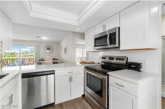 kitchen with tasteful backsplash, stainless steel appliances, white cabinetry, dark hardwood / wood-style floors, and kitchen peninsula