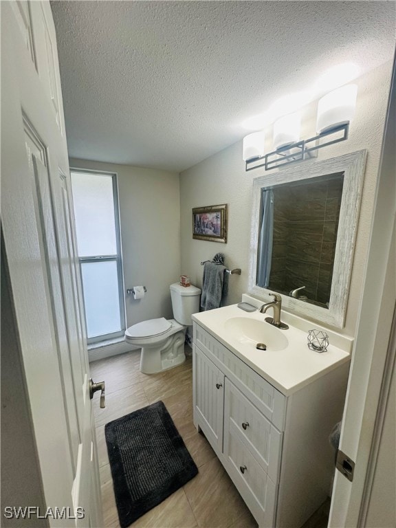 bathroom with vanity, a textured ceiling, and toilet