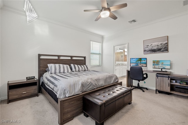 carpeted bedroom with ceiling fan, ornamental molding, and connected bathroom