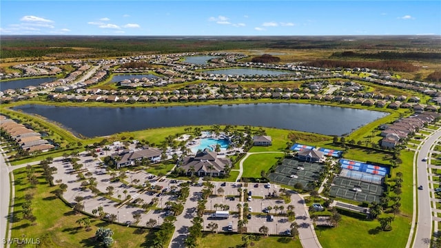 drone / aerial view with a water view