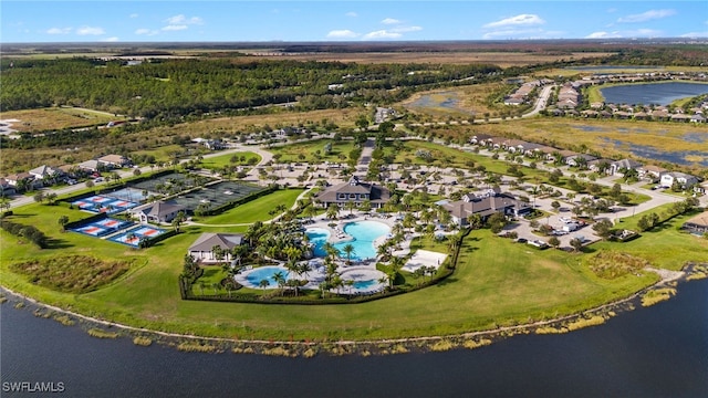 drone / aerial view featuring a water view