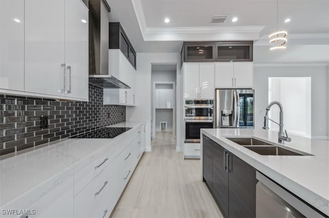 kitchen with stainless steel appliances, white cabinetry, wall chimney exhaust hood, and sink