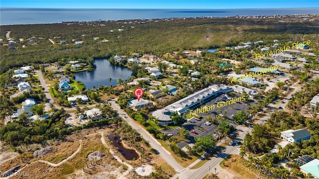 drone / aerial view with a water view