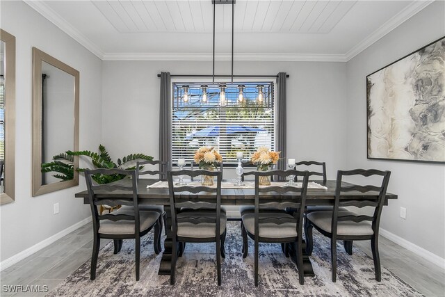 dining room featuring hardwood / wood-style flooring, wooden ceiling, and crown molding