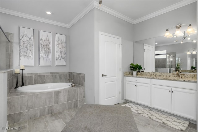 bathroom featuring tile patterned floors, vanity, ornamental molding, and independent shower and bath