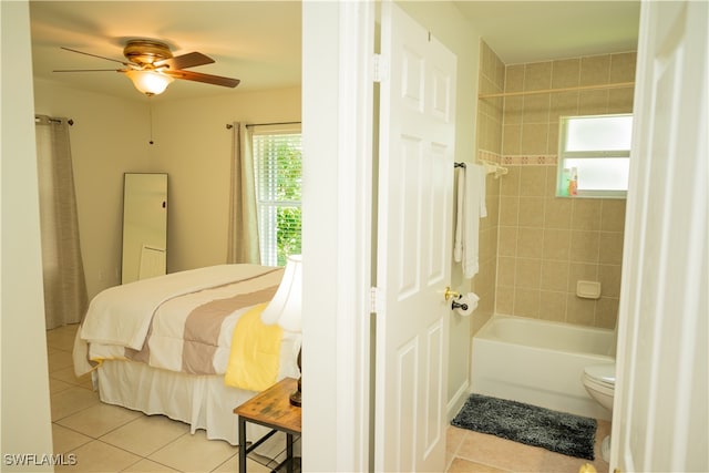 tiled bedroom with ceiling fan