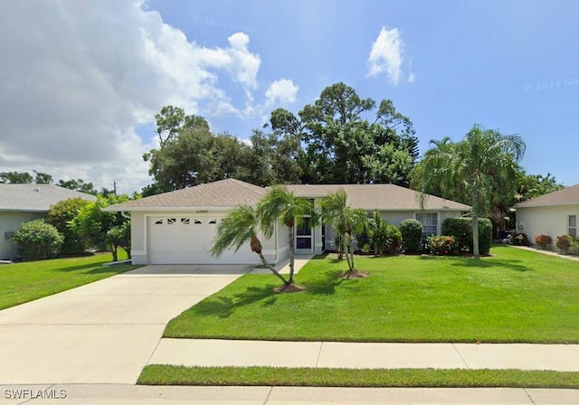 ranch-style house with a front yard and a garage