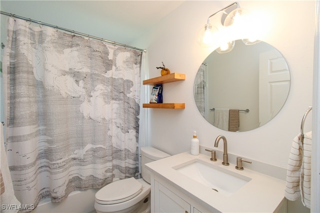 full bathroom with toilet, vanity, and shower / bath combination with curtain