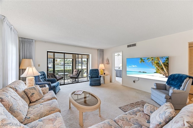 carpeted living room featuring a textured ceiling