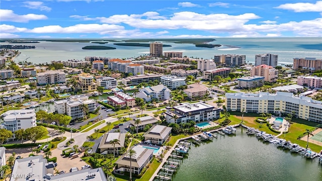 drone / aerial view featuring a water view