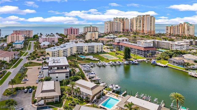 aerial view featuring a water view