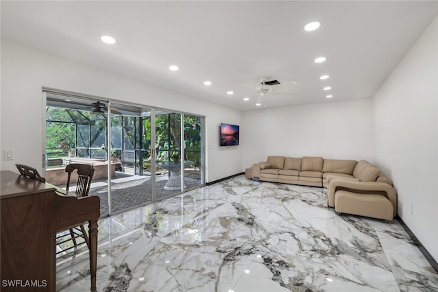 living room featuring ceiling fan