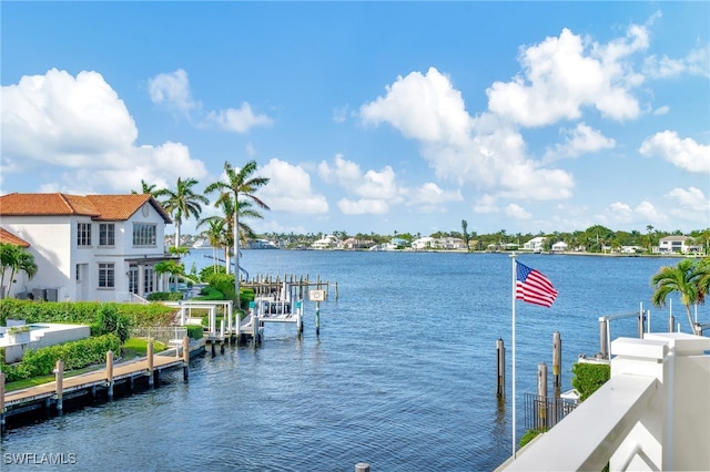 view of water feature with a dock