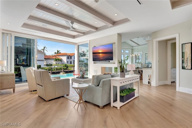 living room featuring ceiling fan, wooden ceiling, beamed ceiling, and light hardwood / wood-style flooring