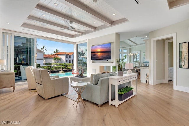 living room featuring light wood-style flooring, beam ceiling, a ceiling fan, wooden ceiling, and baseboards
