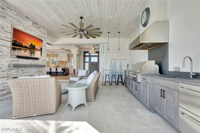 kitchen with wall chimney exhaust hood, decorative light fixtures, sink, gray cabinets, and ceiling fan