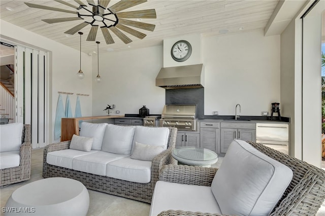 living room with sink and wood ceiling