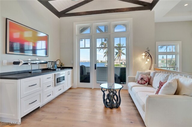living area with light wood-type flooring and a water view