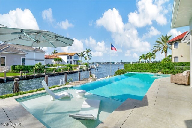 view of swimming pool with a water view