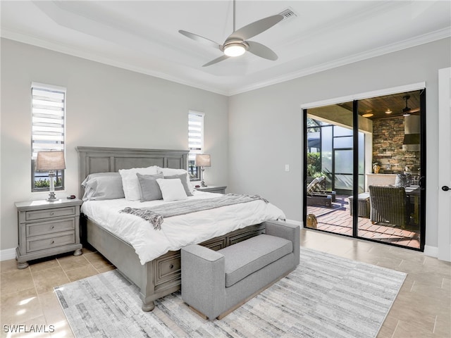 bedroom with multiple windows, access to exterior, crown molding, and ceiling fan