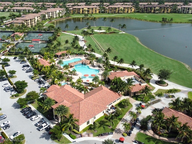 aerial view featuring a water view