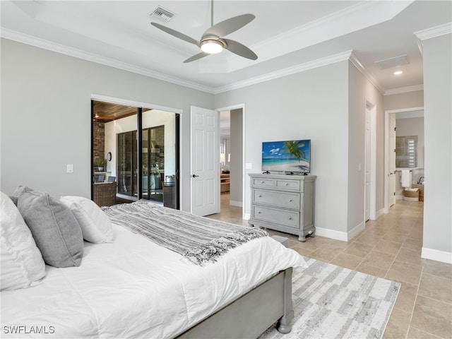 tiled bedroom with ceiling fan, ornamental molding, and access to exterior