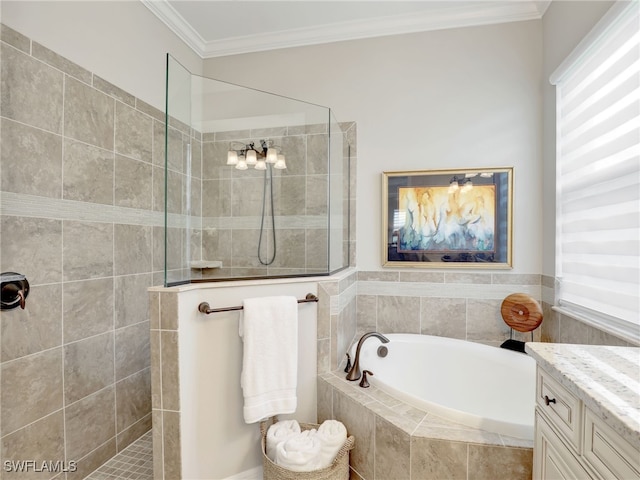 bathroom featuring vanity, ornamental molding, and plus walk in shower