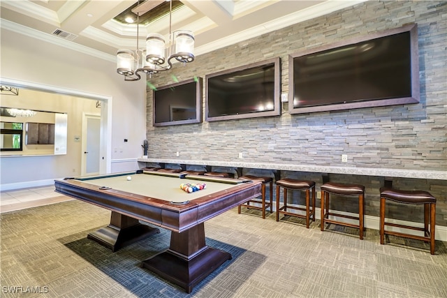 playroom featuring billiards, an inviting chandelier, ornamental molding, beamed ceiling, and coffered ceiling