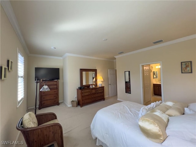 carpeted bedroom with crown molding