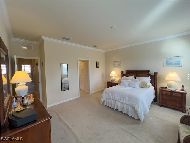 carpeted bedroom with crown molding