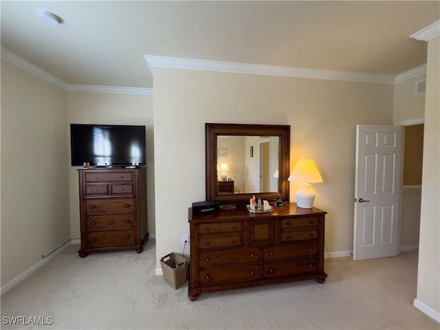 carpeted bedroom featuring crown molding