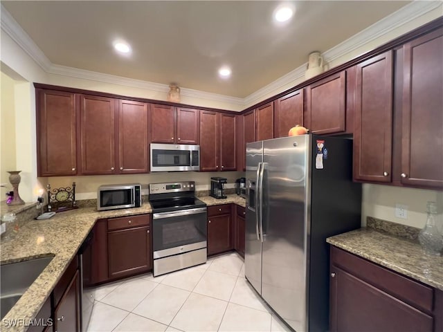 kitchen featuring light tile patterned floors, crown molding, sink, appliances with stainless steel finishes, and light stone counters